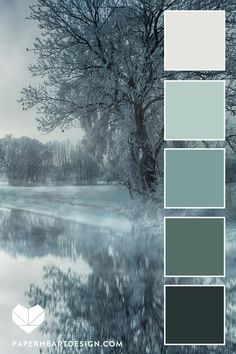 the color scheme is blue and gray, with trees in the background that are reflected in the water