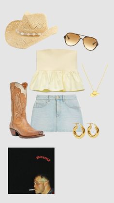 a woman's outfit and accessories including cowboy boots, hat, sunglasses, necklaces