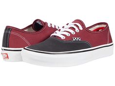 Vans Skate Authentic - Men's Shoes : Asphalt/Pomegranate Textile : Step that shoe game up a notch and skateboard with confidence in the Vans Skate Authentic lace-up shoes. These Vans are subtle but make a cool statement as they pair well with just about anything in the wardrobe. Grab that board and make incredible moves in style as these shoes also provide great support for the feet, allowing maximum performance. Cushioning and impact protection helps lessen leg fatigue for longer skate sessions Long Skate, Vans Original, Vans Skate, Vans Logo, Mens Vans, Vans Authentic Sneaker, Shoe Game, Lace Up Shoes, Vans Sneaker