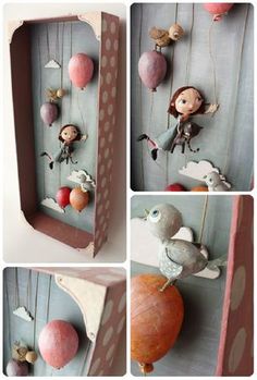 four different pictures of dolls hanging from the side of a wooden box with strings attached to it