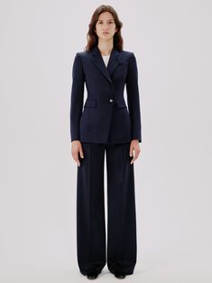 This jacket is exquisitely tailored with detailed seaming for a flattering, accentuated waist shape. Crafted in our seasonless, ethically-sourced wool, it can be worn as a separate, or go for a full look with our Wide Leg Suit Pant or Relaxed Wide Leg Pant. We have visited our wool-supplying farms to ensure that their sheep are raised and sheared in exemplary conditions, free of the cruel practice of mulesing. The fibers for this garment come from a farm in New South Wales. The fabric is process Wide Leg Suit Women, Slim Tank Top, Women Suits, Waist Jacket, Classic Trousers, Boat Neck Dress, Suit Pant, Princesa Diana, Full Look