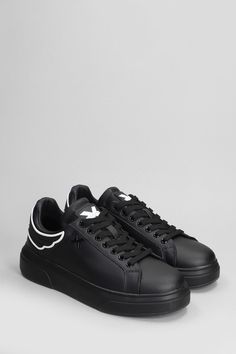 Sneakers in black leather, laces, logo on upper tongue, logo on heel, side logo detail, rubber outsole, spare laces included, 100% leather, Made in China Sporty Black Sneakers With Embossed Logo, Black Sporty Sneakers With Embossed Logo, Modern Black Sneakers With Embossed Logo, Leather High-top Lace-up Sneakers With Embossed Logo, Leather High-top Sneakers With Embossed Logo, Black Sporty High-top Sneakers With Embossed Logo, Black High-top Sneakers With Embossed Logo For Streetwear, Urban Black Sneakers With Embossed Logo, Custom Black Sneakers With Embossed Logo For Sports