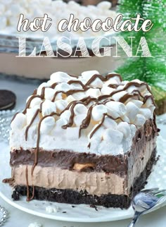 a piece of chocolate lasagna on a white plate with the words hot chocolate lasagna above it