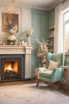 a living room filled with furniture and a fire place in the middle of a room