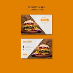 two business cards with an image of a burger on it and the text, business card american food