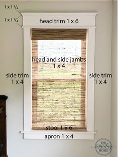 the measurements for a window with blind and side jams on it, including 1x4