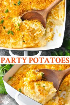 two pictures showing how to make party potato casserole