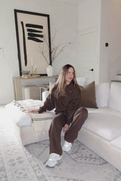 Alo yoga set, brown jogger, brown sweatshirt, new balance 9060, restoration hardware, living room, art, home decor, throw pillows, throw blanket, cozy season, cozy outfit, neutral outfit, chic outfit, rug Alo Winter Outfit, Alo Sets Aesthetic, Aritzia Sweat Set Outfit, Alo Sweat Set, Alo Sweatpants Outfit, Brown Set Outfit, Brown Workout Outfits, Alo Yoga Cozy Fit Athleisure Sweatshirt, Alo Yoga Sweatshirt