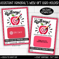 two red and white gift cards with the words bullseye, happy valentine's day