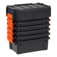 six black and orange storage containers stacked on top of each other