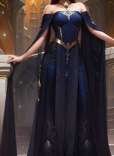 Fantasy Inspired Dress, High Fantasy Outfits, Powerful Dresses, Navy Blue And Gold Outfit, Asgard Dress, Blue Fantasy Outfit, Fantasy Attire, Navy Fantasy Dress