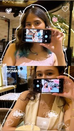 two women are taking pictures with their cell phones in front of them, and the woman is holding up her phone