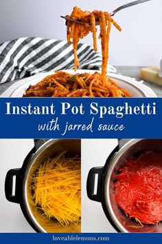 forkful of spaghetti, one instant pot full of noodles, one instant pot with sauce. Ground Beef Spaghetti, Beef Spaghetti, Instant Pot Spaghetti, Spaghetti With Ground Beef, Fodmap Food, Low Fodmap Diet Recipes, Gluten Free Spaghetti, Fodmap Diet Recipes, One Pot Dinner