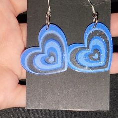 Beautiful Blue Heart Earrings Handmade Made Out If Acrylic Valentine's Day Blue Heart Earrings, Blue Heart Charm Earrings For Valentine's Day, Blue Heart-shaped Earrings For Valentine's Day, Trendy Blue Heart Earrings For Gift, Trendy Blue Heart-shaped Jewelry, Handmade Blue Heart Dangle Earrings, Blue Handmade Heart Dangle Earrings, Blue Dangle Heart Earrings With Heart Beads, Blue Heart-shaped Earrings With Ear Wire