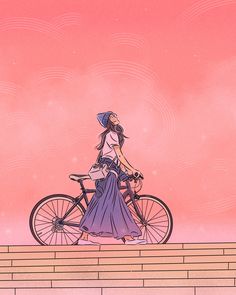 a woman riding a bike on top of a brick wall next to a pink sky