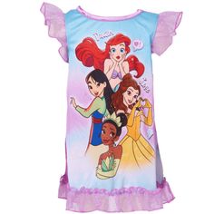 ADD SOME DISNEY PRINCESS MAGIC AND CHARM TO YOUR TODDLERS BEDTIME LOOK Discover the magic of bedtime with our Disney Princess Nightgown, tailor-made for your little princess. This toddler sleep dress showcases enchanting depictions of Ariel, Belle, Mulan, and Tiana, instantly transporting your child to a world of fairy tales. Accented with shimmering purple flutter sleeves the gown has a sparkly ruffled hemline adding extra charm to this Princess-inspired look. Crafted from 100% soft poly interl Princess Nightgowns, Disney Character Print Sleepwear For Bedtime, Long Sleeve Disney Sleepwear For Bedtime, Disney Short Sleeve Sleepwear For Bedtime, Disney Princess Toddler, Disney Character Print Sleepwear, Toddler Bedtime, Girls Nightgown, Disney Pajamas Kids Size 12