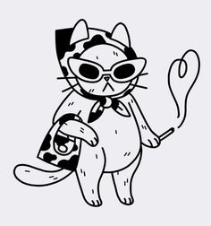 a black and white drawing of a cat wearing sunglasses holding a skateboard in its paws