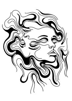 a drawing of a woman's face in black and white with swirls on it