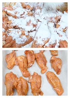 two pictures of chicken wings covered in powdered sugar