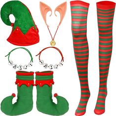 8 Pcs Christmas Elf Costume Accessories Set, Christmas Elf Hat Elf Shoes Christmas Striped Tights Bell Necklace Christmas Elf Ears, Elf Apron, Diy Elf Costume, Christmas Elf Hat, Sunflower Accessories, Christmas Colour Schemes, Bell Necklace, Elf Shoes