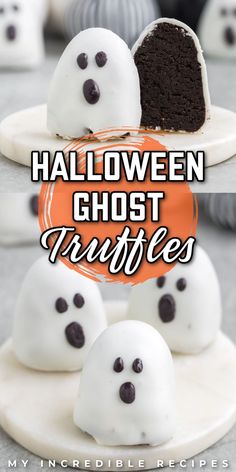 halloween ghost truffles with white frosting and chocolate chips on top, in front of