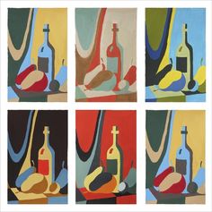 four different paintings of bottles and food on a counter top, each with a cross in the middle