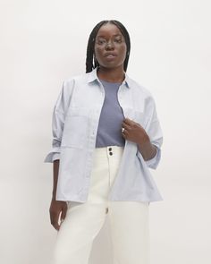 Your favorite button-up just got a refresh. Made of soft, premium organic cotton, the Boxy Oxford features a classic point collar, dropped shoulders, a clean button front, oversized patch pockets, and a relaxed boxy shape. Polish it up with trousers and heels, or dress it down with jeans and sneakers for a casual-yet-put-together look. Either way, you’ll look like you know what you’re doing. Oxford White, Women Wedding Guest Dresses, Button Front Shirt, Cut And Style, Capsule Wardrobe, Blue Stripes, Graduation Dress, Jean Shorts, Like You