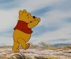 winnie the pooh flying through the air in front of some grass and blue sky