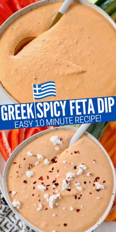 roasted red pepper feta dip in bowl with spoon topped with feta cheese crumbles and red pepper flakes Fire Feta Dip, Greek Chicken Dip, Gyro Dip Recipe, Spicy Gyro Sauce, Spicy Greek Sauce, Feta Sauce Recipe, Dips With Pita Bread, Feta Cream Sauce, Spicy Feta Dip Greek