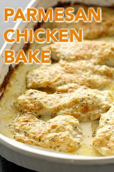 chicken parmesan bake in a white casserole dish with text overlay