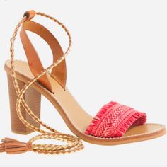 Jcrew Raffia Ankle Tie High Heel Sandals. Coral Straw Strap With Gold And Cognac Strap With Tassel. Worn Only Once. Excellent Condition. Very Light Wear See Pics Tie High Heels, Heel Sandals, High Heel Sandals, Cognac, Shoes Women Heels, High Heel, Sandals Heels, J Crew, Shoes Heels