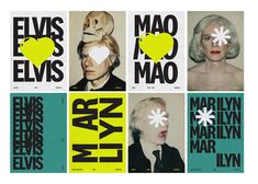 four different posters with faces and words on them, each depicting marilyn monroe's heart