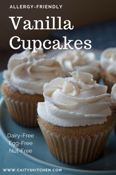 three vanilla cupcakes on a blue plate with the words, allergy - friendly vanilla cupcakes