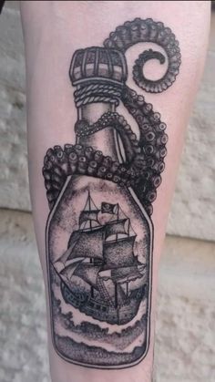 Traditional Tattoo Black And Grey, Ocean Sleeve Tattoos, Nautical Star Tattoos, Pinterest Tattoo Ideas, Squid Tattoo, Wheel Tattoo, Baby Tattoo Designs, Shin Tattoo, On Tattoo