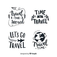 four travel stickers with the words time to travel, let's go travel time