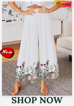 Women Summer High Waisted Floral Elastic Waist Daily Wide Leg Pants White Ankle-length Harem Pants, Floral Print Ankle-length Bottoms For Summer, White Floral Print Ankle-length Bottoms, Floral Print Ankle-length Spring Bottoms, Spring Floral Print Ankle-length Bottoms, White Floral Print Ankle-length Pants, Ankle-length Floral Print Bottoms For Summer, Ankle-length Floral Print Summer Bottoms, Ankle-length Floral Print Bottoms For Spring