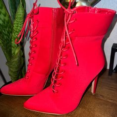 Never Worn Brandnew No Box 4inch Heel Red High Ankle Heels For Party, Elegant Red Lace-up Boots, Elegant Red High Ankle Heels, Red High Ankle Heels For Spring, Red Ankle Boot Heels For Night Out, Trendy Red Lace-up Heels, Red Lace-up Trendy Heels, Granny Boots, Victorian Boots