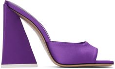 Satin heeled sandals in purple. · Open square toe · Strap at vamp · Logo printed in green at padded leather footbed · Covered triangular block heel with rubber injection · Leather sole · Heel: H4 in Supplier color: Violet Purple Open Toe Heels With Sculpted Heel, Modern Purple Open Toe Heels, Purple High Heel Sandals With Sculpted Heel, Purple Sandals With Sculpted Heel, Designer Open Heel Purple Heels, Designer Purple Open Heel Heels, Modern Purple Heels For Evening, Modern Purple High Heels, Purple Sculpted Heel Summer Heels