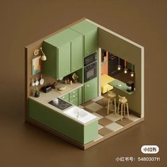 an image of a small kitchen with green cabinets and stools in the middle of it