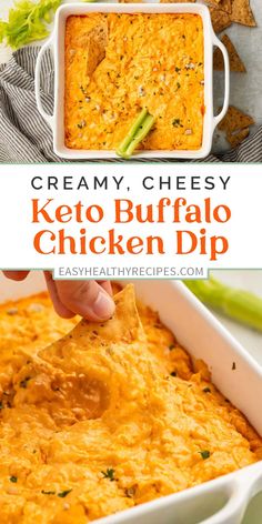 a cheesy keto buffalo chicken dip in a white casserole dish