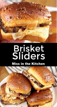 two pictures with the words brisket sliders in front of them and an image of sandwiches