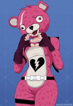 a pink teddy bear with a heart on it's chest holding a cell phone