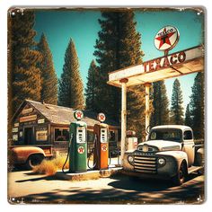 an old fashioned gas station with two trucks parked next to it and a sign that says texco