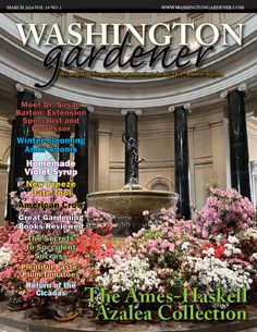 the front cover of washington garden magazine, featuring flowers and fountain in an ornate room