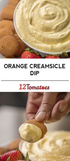 an orange creamsice dip with strawberries and cookies