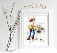 a watercolor painting of woody and buzz lightyear from toy story is displayed next to a vase with twigs