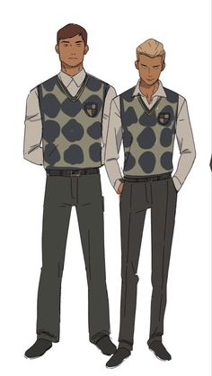 two men standing next to each other wearing sweaters and vests with polka dots on them