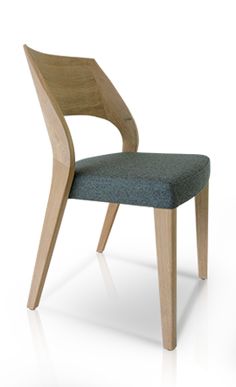 a wooden chair with a blue upholstered seat and back rest on a white background