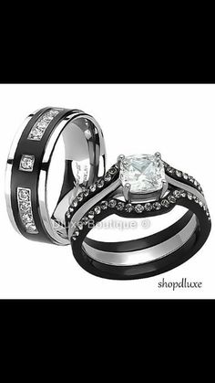 two black and white wedding rings with diamonds