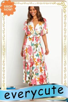 Elegant Floral Print Pleated Dress Women Summer New Slim V Neck Short Ruffle Sleev High Waist Lace-up Boho Long Dress Short Sleeve Ruffled Maxi Dress For Spring, Vacation Maxi Dress With Ruffle Sleeves, Short Sleeve Ruffled Maxi Dress For Brunch, Spring Ruffle Sleeve Maxi Dress For Day Out, Spring Maxi Dress With Ruffle Sleeves For Day Out, Short Sleeve Maxi Dress With Ruffles For Brunch, Feminine Summer Maxi Dress With Ruffle Sleeves, Summer Maxi Dress With Ruffle Sleeves, Brunch Maxi Dress With Ruffles And Short Sleeves